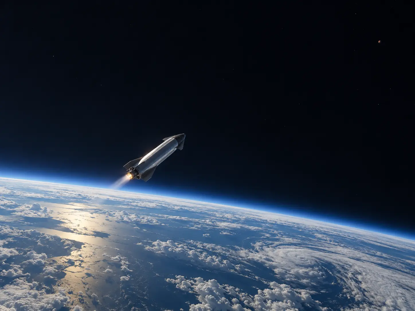 Fictional artwork of a spacecraft departing Earth toward Mars, illustrating a future story event.