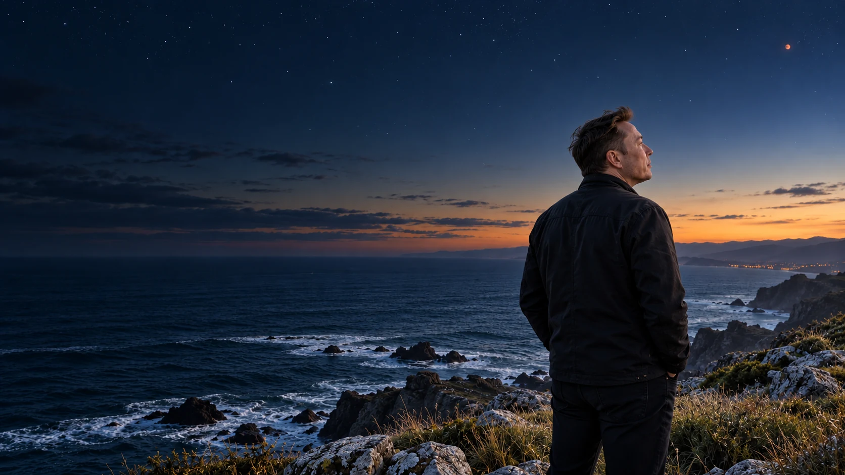 In the fictional story, X stands on Earth’s coast and looks toward Mars above the ocean.